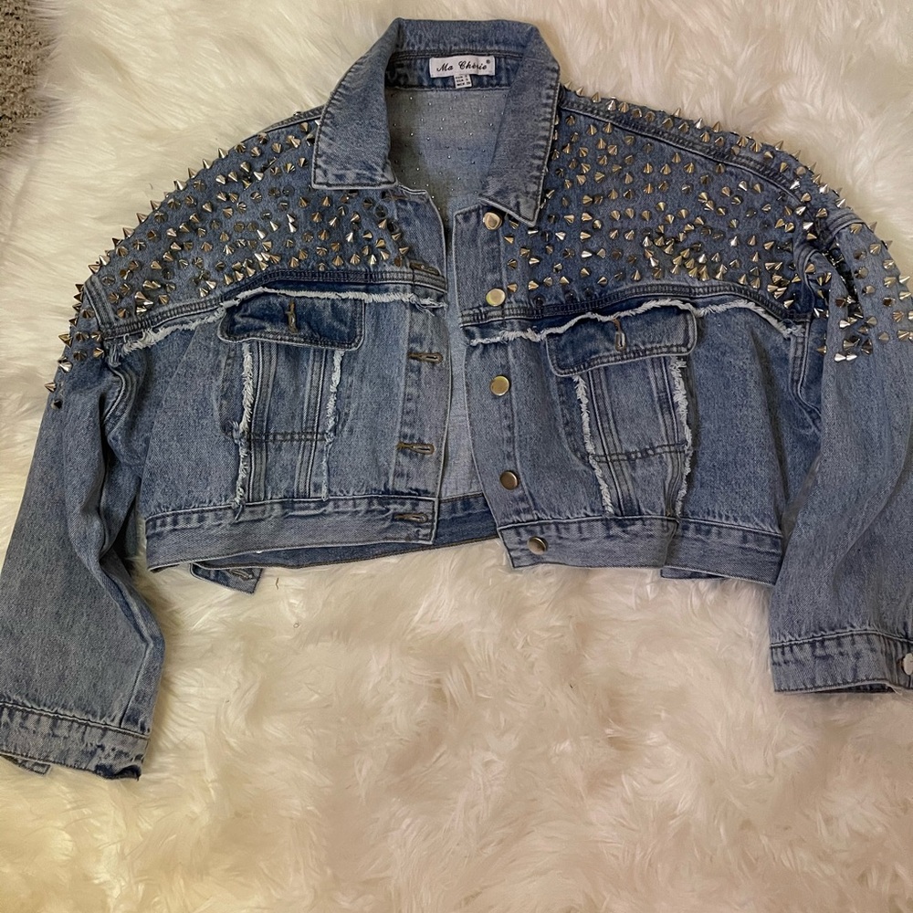 Studded cropped denim jacket